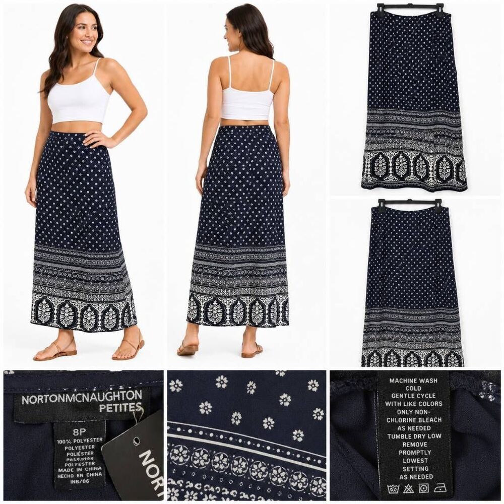 Norton McNaughton Petite 8P Navy Floral Midi Skirt